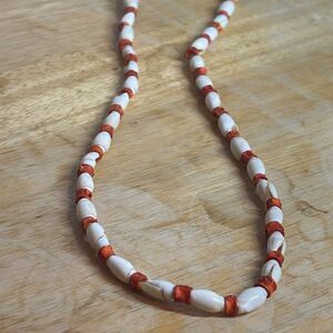 Long 30” alternating white shell and orange beaded layering necklace